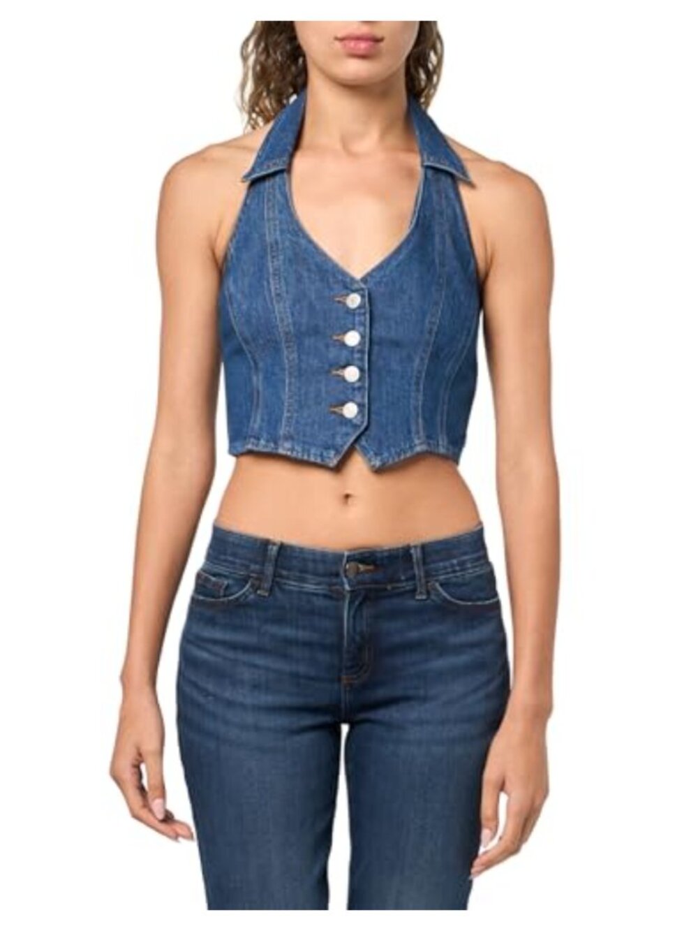 Slim Fit V-Neck Denim Corset Halter Top Button Closure Sleeveless